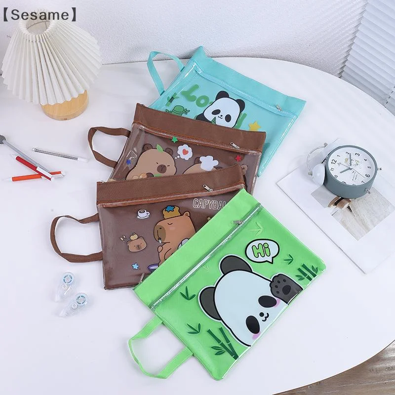 〔Sesame〕Portable Transparent File Bag Cute Fashion Zipper Documents Bag  Capybara Panda File Bag Large Capacity Storage Bag