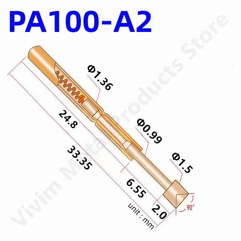 100PCS PA100-A2 Spring Test Probe PA100-A Test Pin Test Tool 33.35mm Dia1.36mm Gold Needle Tip Dia 1.5mm Pogo Pin P100-A P100-A2