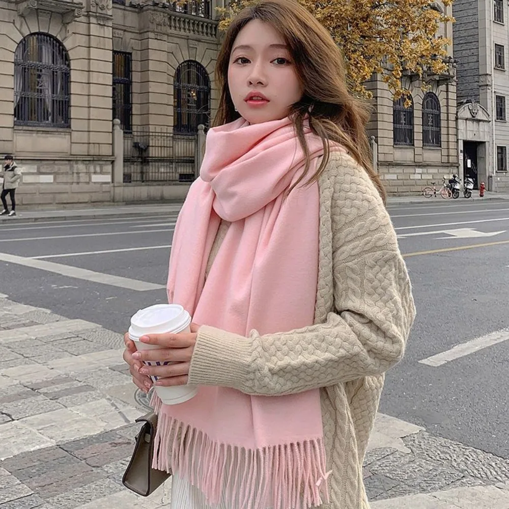 

Роскошный однотонный шарф из искусственного кашемира, утолщенная шаль с кисточками, большой ветрозащитный мягкий женский шарф