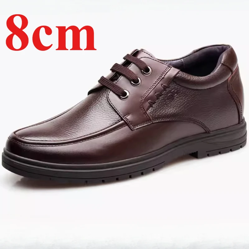 8cm Genuine Leather Comfortable Breathable Thick Soled Elevated Shoes for Men's Casual Business Soft-soled Men's Shoes Increased
