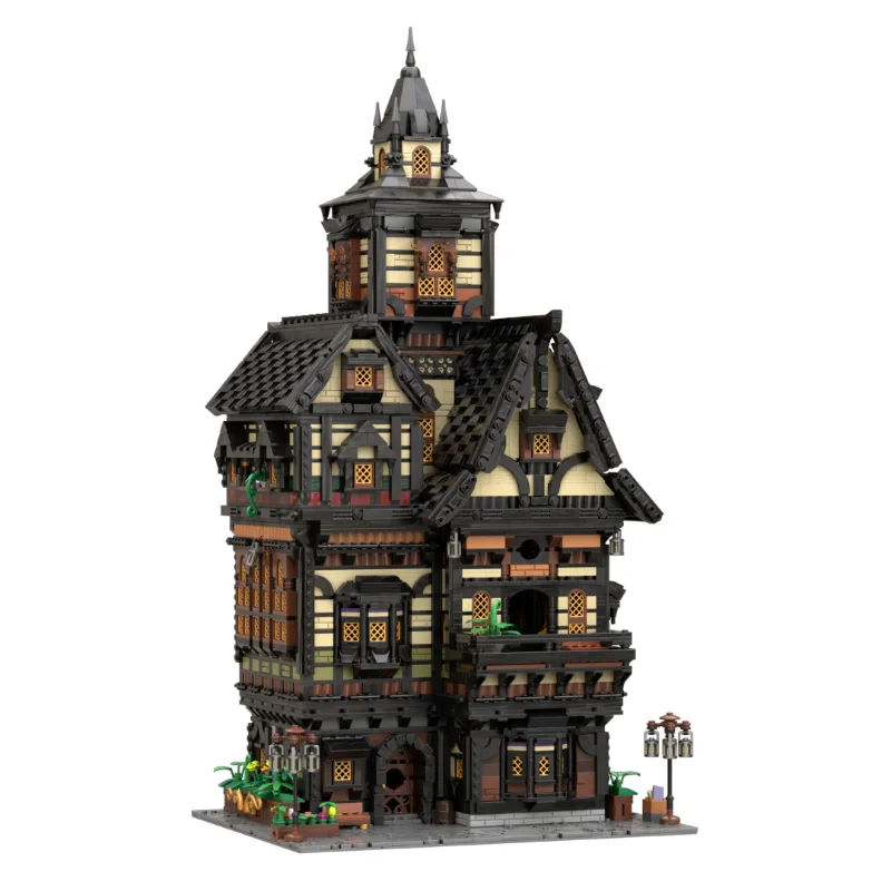 MOC Medieval Tudor Manor Inn Modular Building with Half-Timbered Architecture Street View Block Model