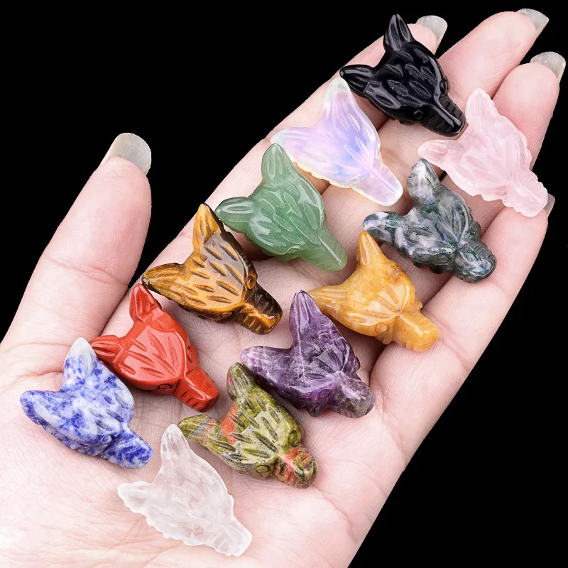 1pc Mini Size Natural Stone Wolf Head Figurine Ornaments Quartz Healing Crystal Animal Statue Decoration