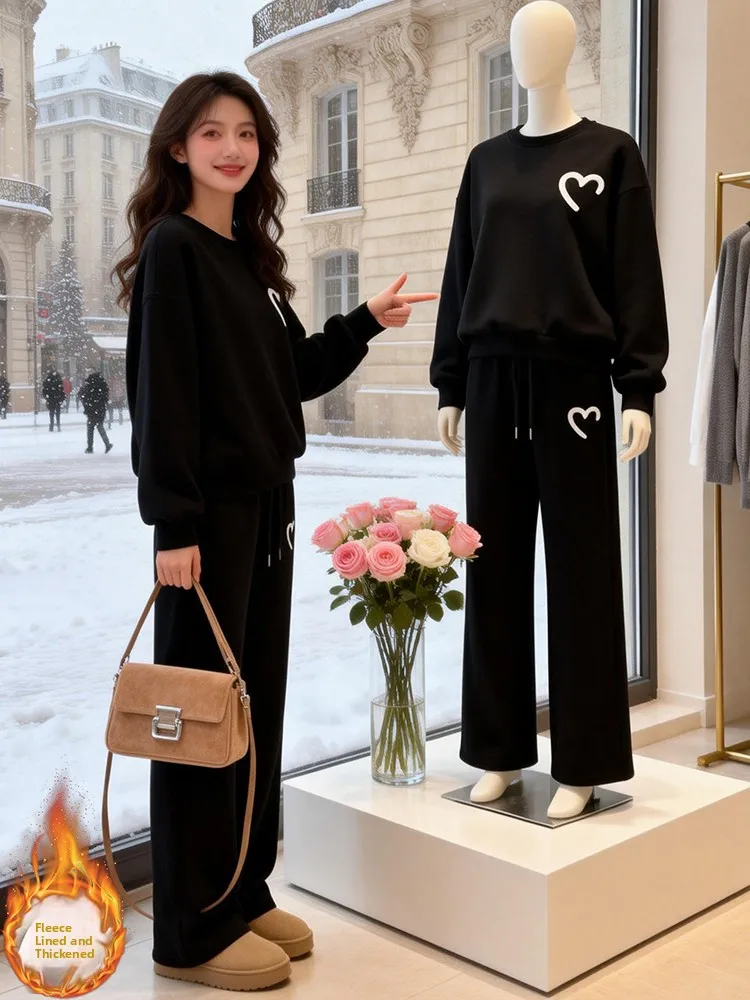 Pantaloni a gamba larga a vita alta da donna Set di felpe Fce foderato Thi Abbigliamento sportivo casual Abito a due pezzi Calore confortevole