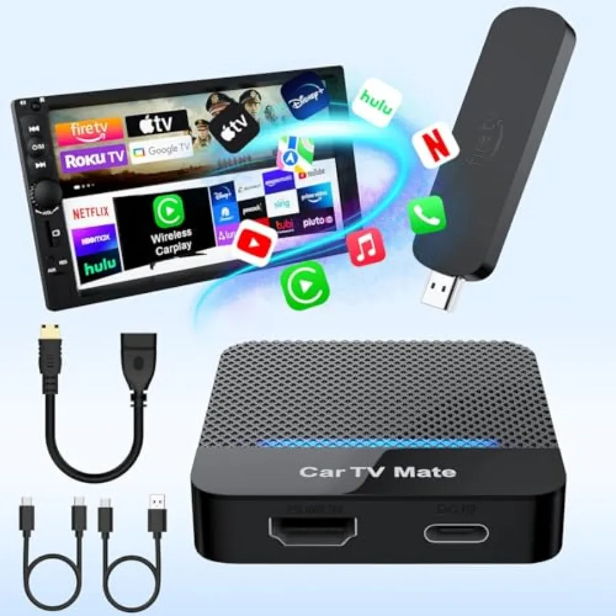 

Car entertainment adapter for 2016+ vehicles: aluminum body black wireless CarPlay HDMI streaming up to 2K USB-C/USB-A compatib