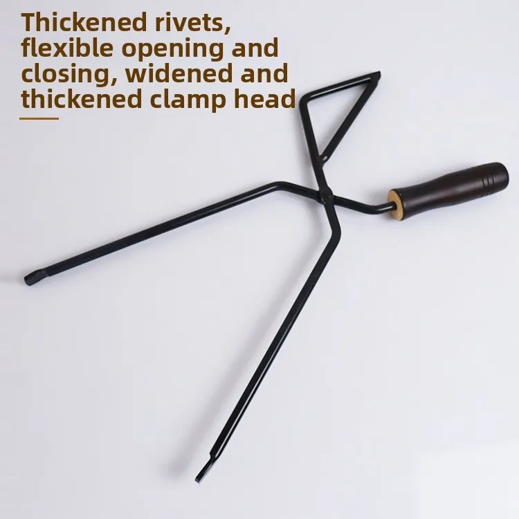 Carbon Steel Fire Pliers with Triangular Tip and Ergonomic Beechwood Handle for BBQ and Campfire Charcoal Tasks