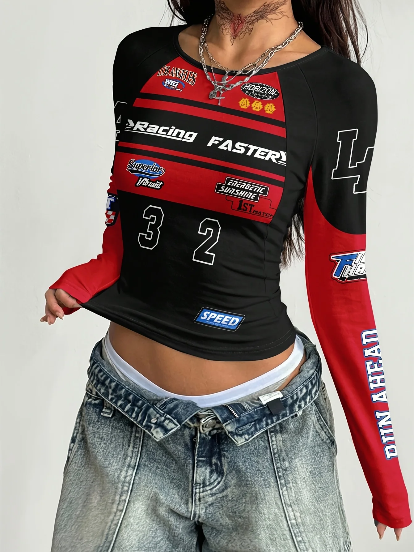 Women's Black & Red Raglan Sleeve T-Shirt – Racing Motorcycle Graphic – Streetwear / Urban Style – Alphanumeric Print Top