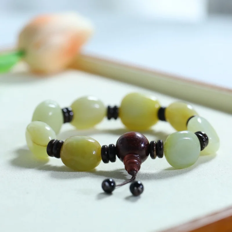 Xinjiang Bracelet Huang Qin with Shape Hetian Jade Jujube Red Leather Rough Stone Men's and Wome