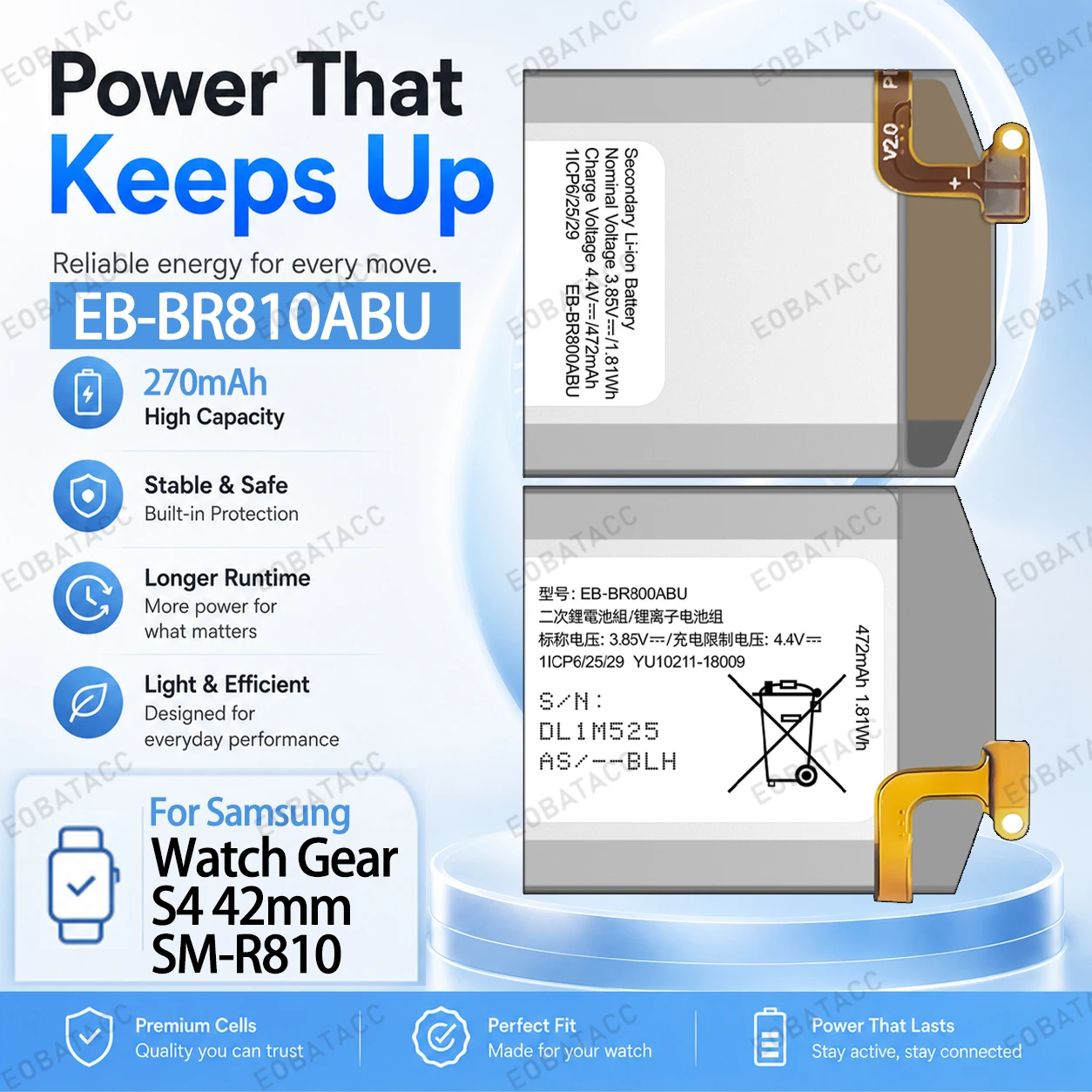 Brand New 270mAh EB-BR810ABU Battery for Samsung Watch Gear S4 42mm/SM-R810 battery Repair Tools Kit