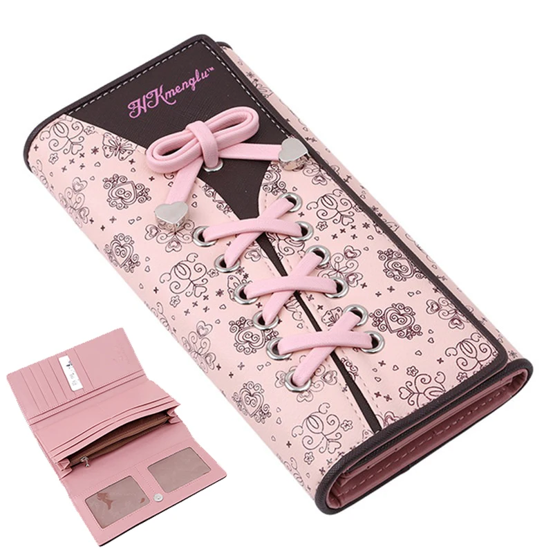 Shoelace Style Pocket Long Wallet PU Leather Multi-functional Wallet Women Coin Purse Card Holders Clutch Female Leaves Wallets