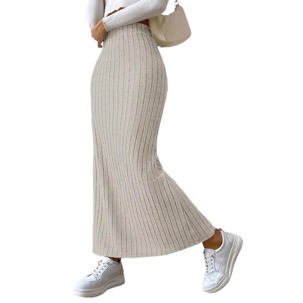 High-waisted Skirt Elegant High Waist Knitted Maxi Skirt for Women Warm Stylish Ankle Length Striped Sheath Skirt with Split Hem