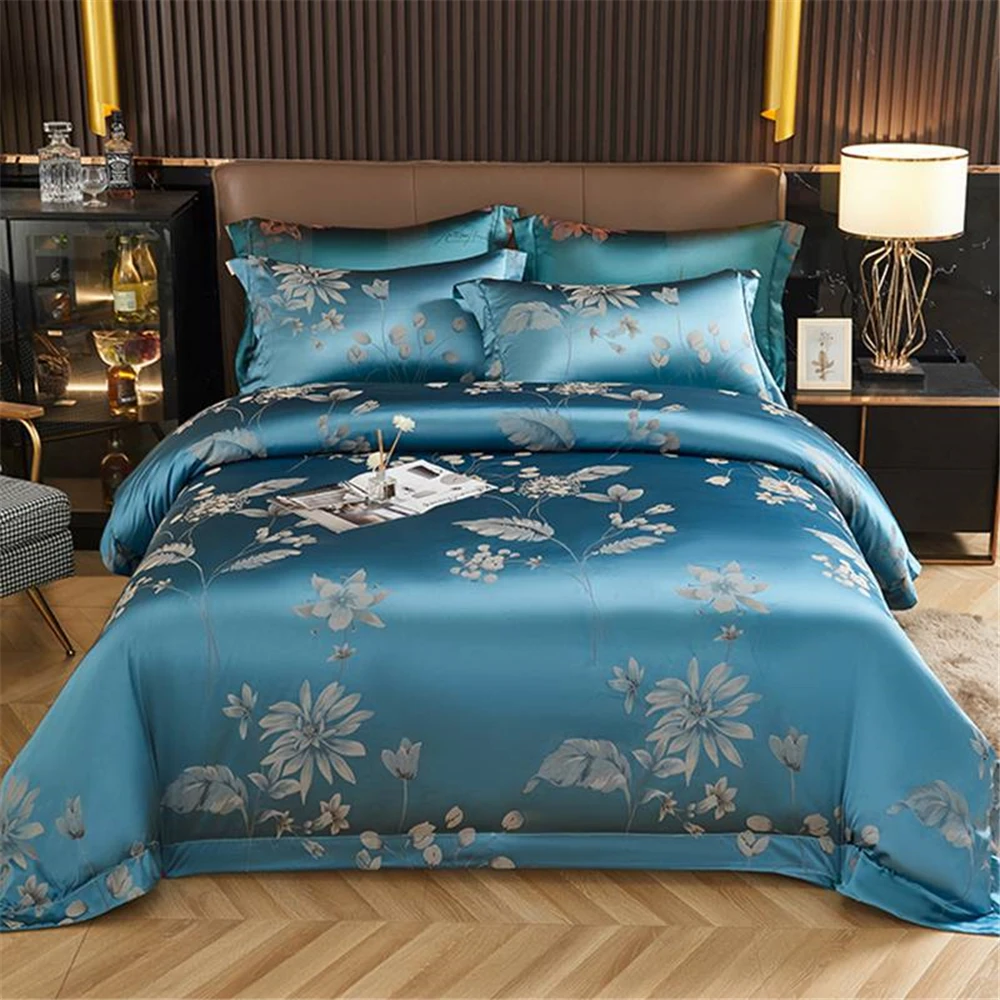 High precision Blue Red jacquard 4-piece bed sheet 4-piece set housse de couette comforter sets bed covers full set