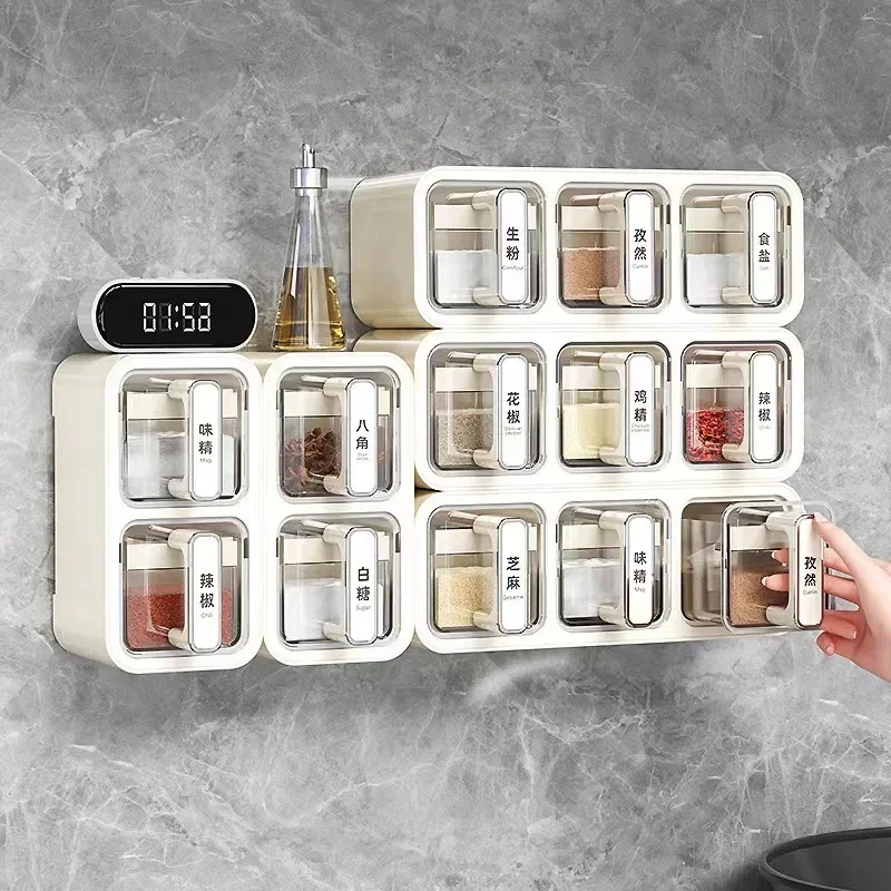 Wall-Mounted Spice Rack Set, Kitchen Condiment Organizer for Salt MSG and Spices, Essential Seasoning Storage Solution