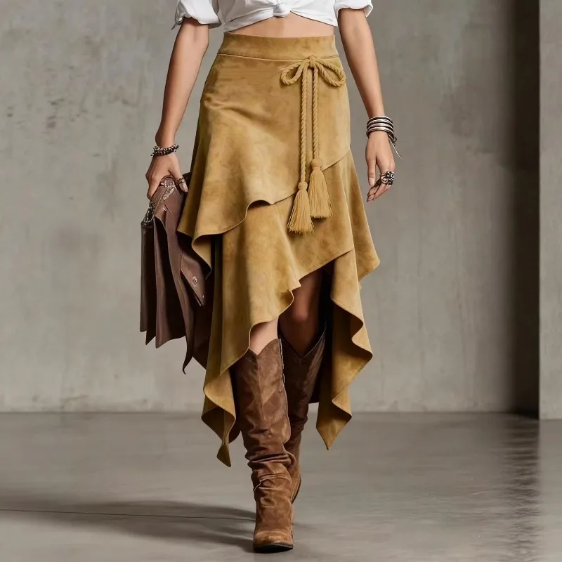 Women Vintage Western Irregular Suede Skirt High Waist Slim Long Half Skirt