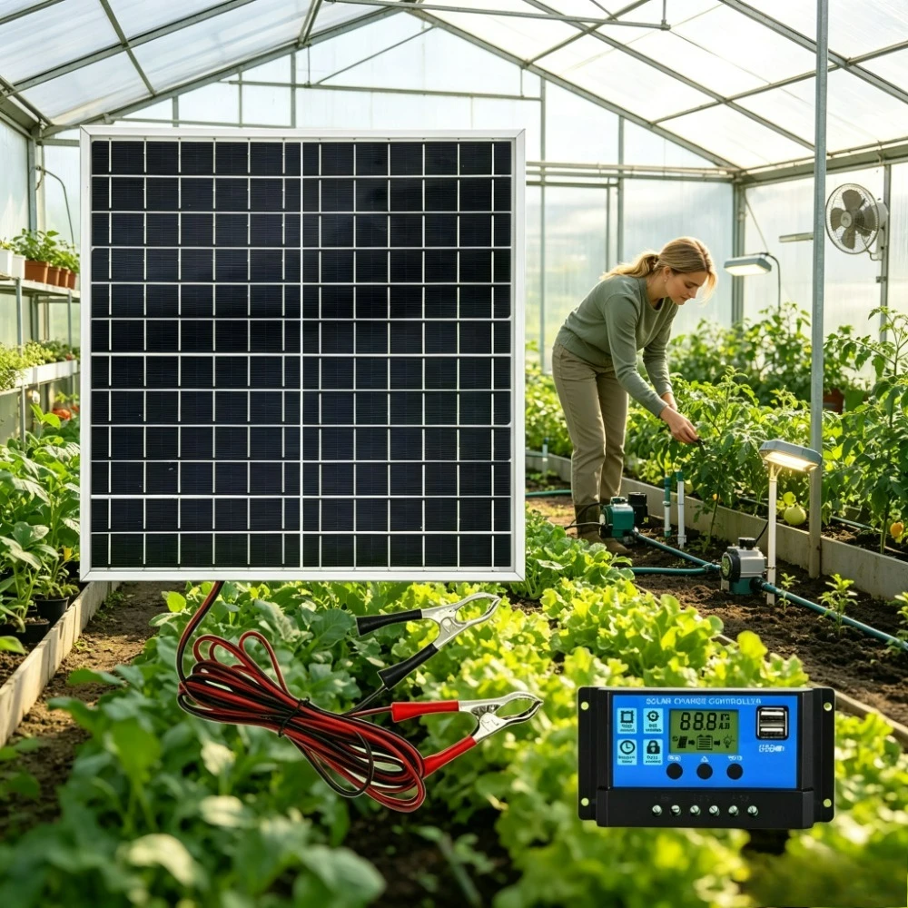 All Inclusive 12W 12V Monocrystalline Solar Panel Aluminum Frame Solar Charge Controller Full Kit Alligator Connect Cables Off