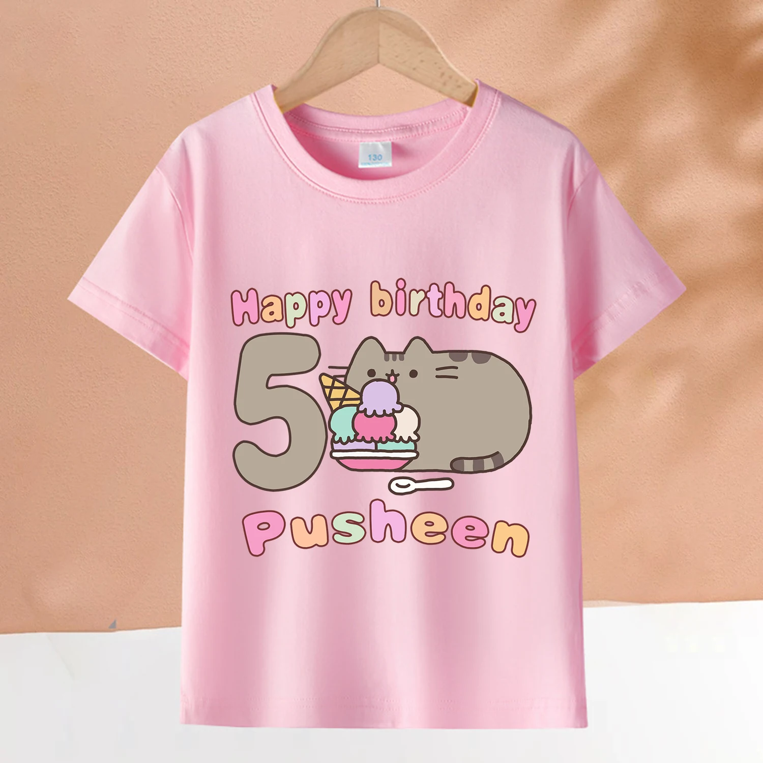 Pusheen Cat New T-shirt for Children Cotton Cartoon Birthday Figure Pink T-shirt Cute Short Sleeve Girl Loose Clothing Kids Gift