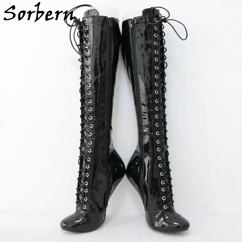 Sorbern Customized Slim Leg Fit Boots Women Knee High No Heels Lace Up Fetish Shoes Round Toe Zipper Up Plush Lining