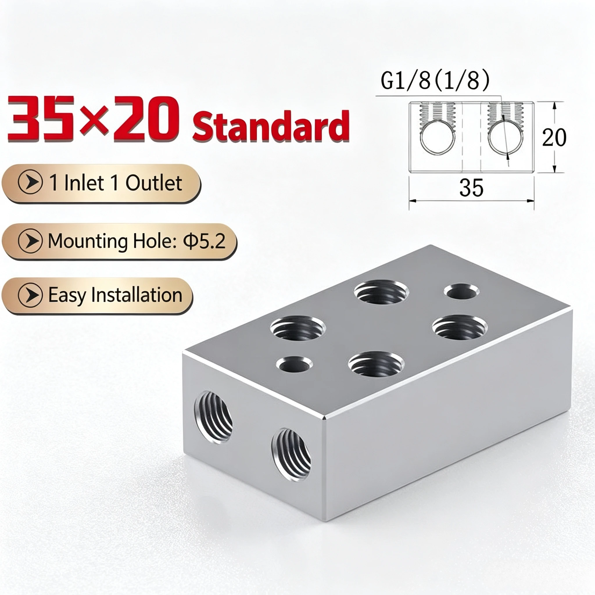 Solid Aluminum Pneumatic Air Manifold Block Splitter 35x20 Mm 1/8