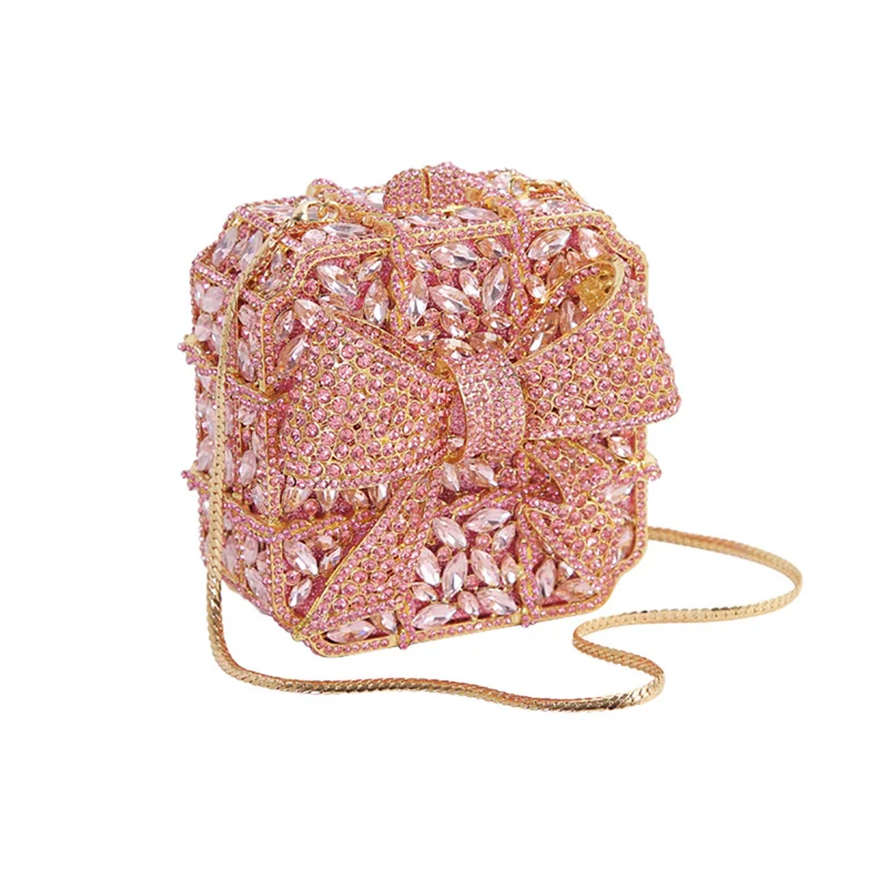 Butterfly bow gift box inlaid with diamonds, high-end rhinestone hand-held small square bag, shoulder crossbody bag