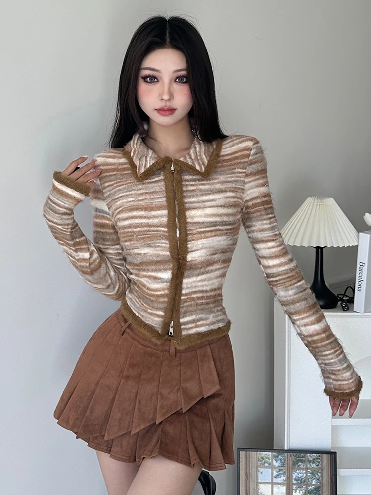 Rockmore Striped Knit Sweater Cardigan Y2K High Street Women Autumn Turn-down Collar Zipper Sweaters Coat Female Casual Korean