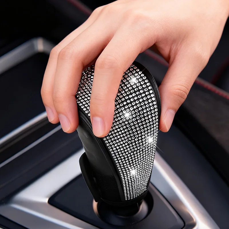 Glitzernde Strass-Schaltknaufabdeckung, Weicher PU-Leder Kristall-Schalthebel-Schutz, Universelle Auto-Innendekoration Handbremsenschutz – Detail 2