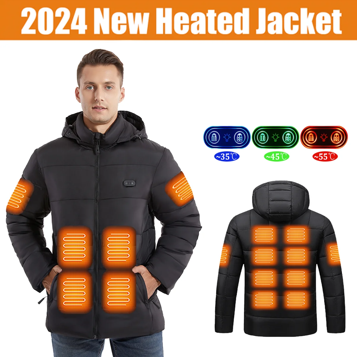 2024 New Heated Jacket, Winter Warm Outdoor USB Electric Heated Cotton Jacket with 15 Carbon Fiber Heating Pads