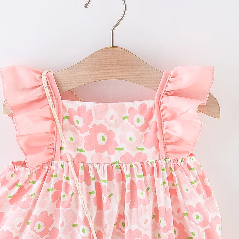 Summer dress bag two-piece set for girls cartoon small flower print Korean version cute flying sleeve dress