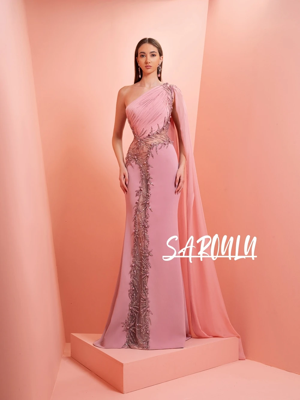 

Pink Satin One Shoulder Evening Dress Embroidered With Sparkling Beads on Mesh Perfect For Gala & Banquet Flowy Cocktail Gown