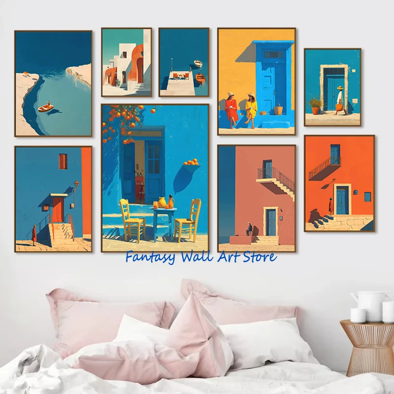 Bold Orange Blue Abstract Mediterranean Landscape Building Coastal Blue Summer Poster Canvas Painting Wall Pictures Home Decor