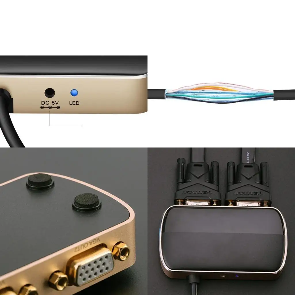 Y1UB VGA Splitter VGA 1 in 2 Out Dual Monitor Splitter Male to Female Screen Duplication 1080P for PC Laptop Projector