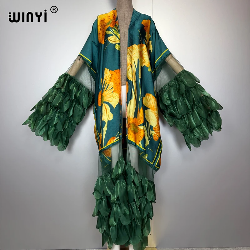 Winyi moda oriente médio quimonos abaya dubai luxo para mulher sexy rendas cardigan roupas de praia praia cobrir maxi casaco kaftan