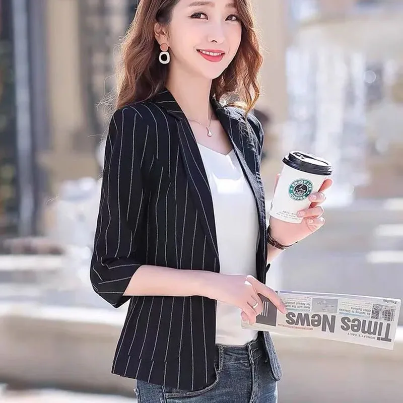 

Spring Summer Suit Women Coat 2025New Fashion Korean Three Quarter Sleeve Striped Blazer Women Jacket Casual Ladies Blazers Tops