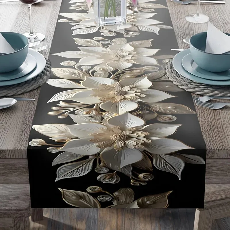 1-Piece Elegant White & Gold Floral Table Runner, Durable, Rectangular Table Runner for Holiday Dining & Outdoor Gatherings