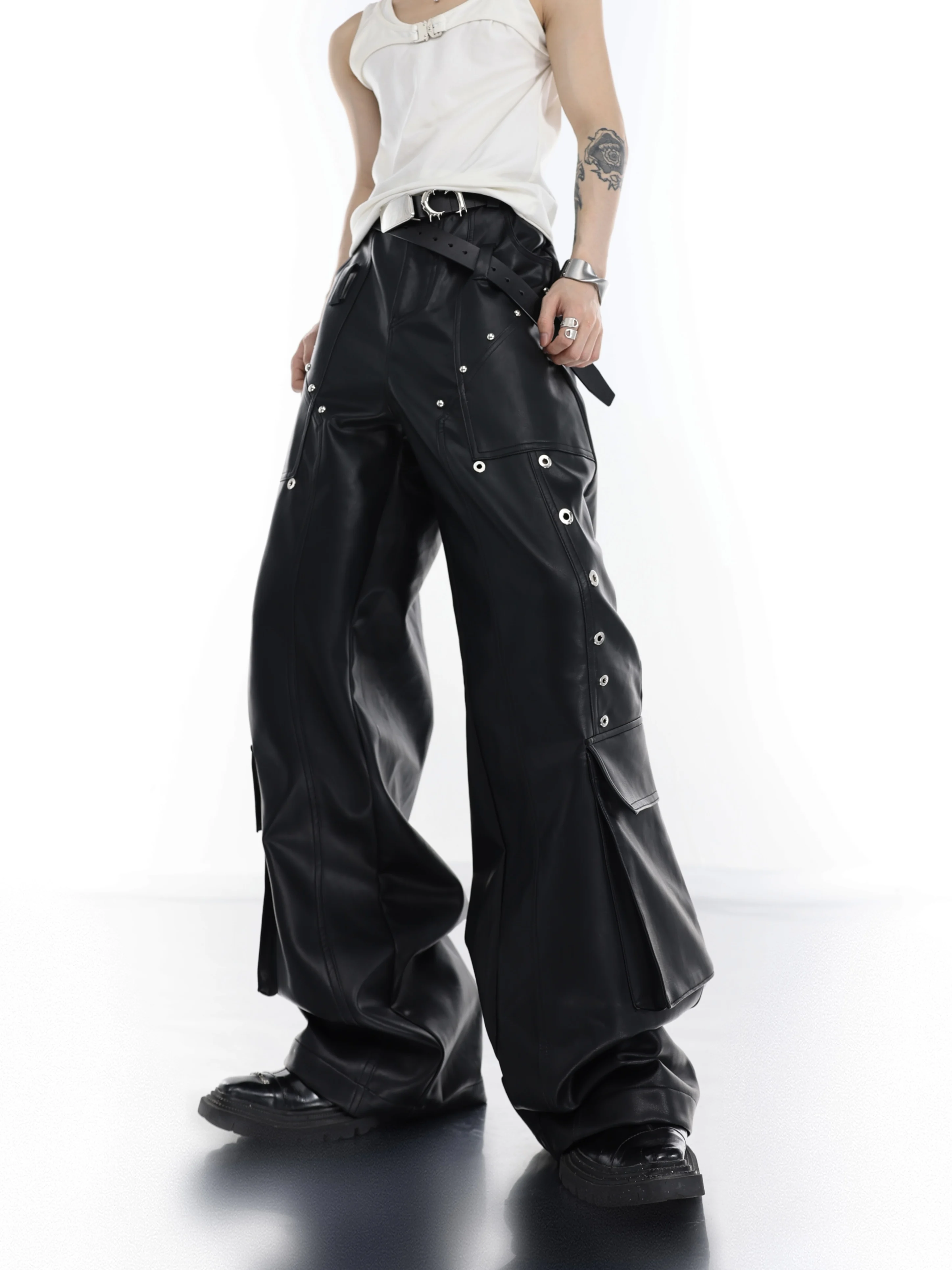 Metallic Wide Leg Pants Loose Fit Cargo Trousers with Big Pockets Youth Casual Style PU Leather Straight Cut Autumn Wear