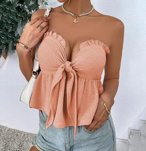 

Fashion Women's Vest Summer New Fresh and Sweet Girl Solid Color V-Neck Lace Up Mushroom Edge Decoration Strapless Vest