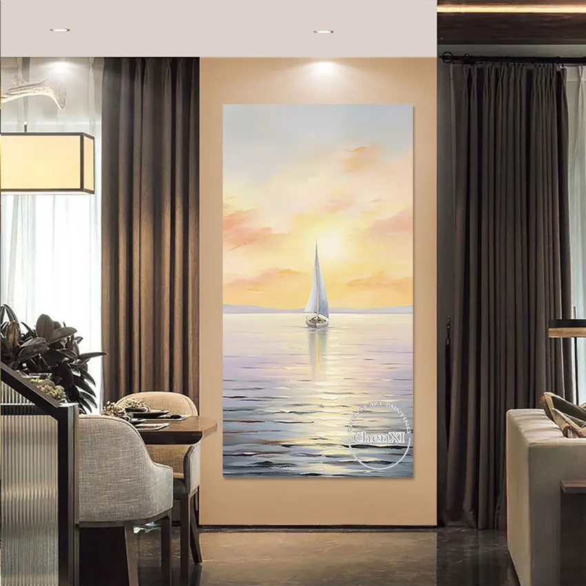 ملصق فني كبير الحجم من قماش المناظر البحرية، مشهد غروب الشمس، عمل فني للرسم الزيتي، لوحة صور جدارية فاخرة تجريدية، ديكور الفندق