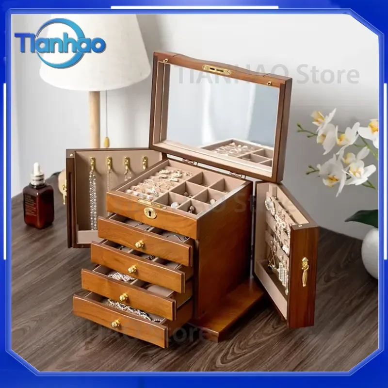 Large Wood Jewelry Box for Women for Ring Necklace Earrings Display Storage Organizer Case with Drawer