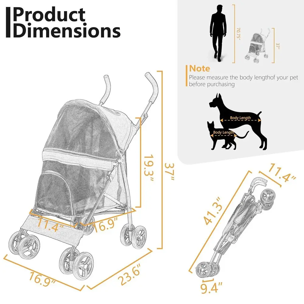 Compact 4-Wheel Dog Stroller for Small to Medium Dogs, Lightweight and Portable, Ideal for Travel and Jogging, Up to 22lbs, Gray