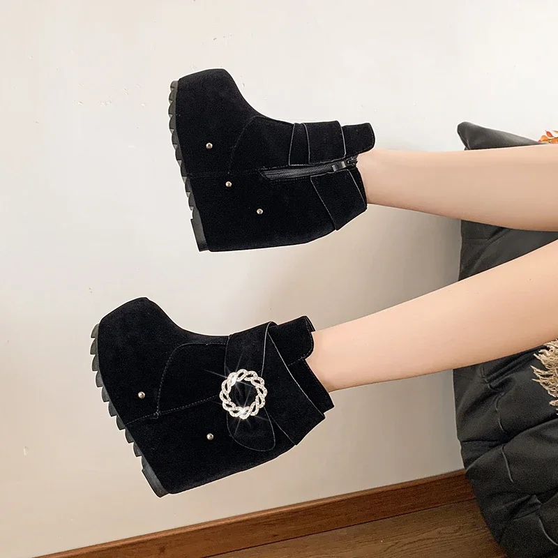 2024 Shoes for Women Ankle Women's Boots Platform Rome Boots Women Crystal Buckle Round Toe Side Zip High Wedges Shoes Female