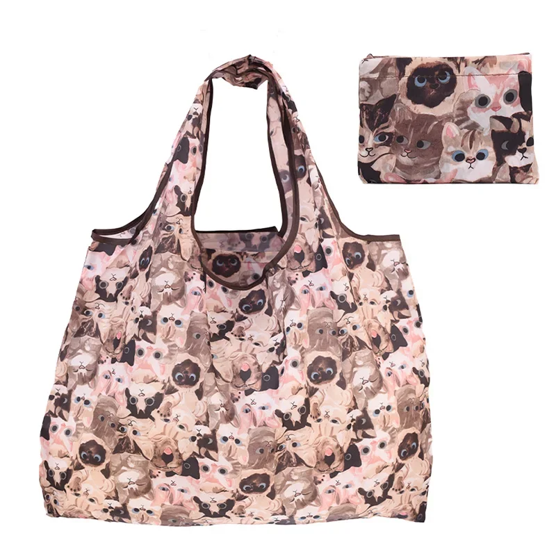 Creative Cat Panda Animal  Flower Pattern Large Folding Shopping Bag Easy To Carry Reusable Large Capacity Eco Storage Handbag