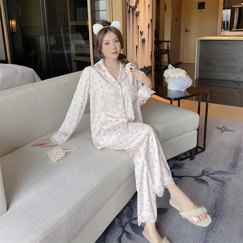 Women\'s Pajamas Sets Spring Autumn 2 Piece Print Pyjama Faux Silk Satin Sleepwear Long Sleeve Button Pijama Mujer Pjs Homewear