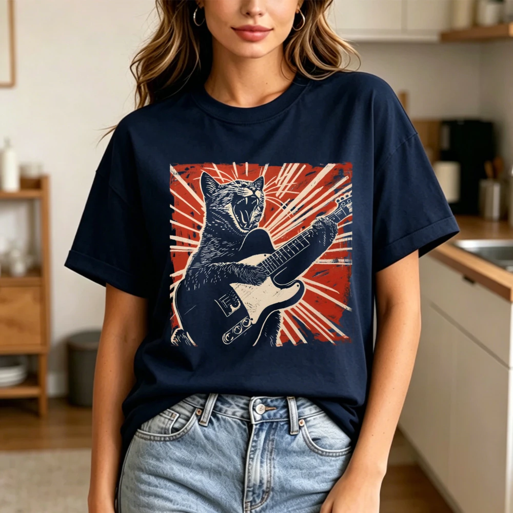 Rock & Roll Cat Playing Electric Guitar Graphic T-Shirt Retro Rock Cat Funny Music Lover Crewneck Tshirt Men Women Cotton Tops