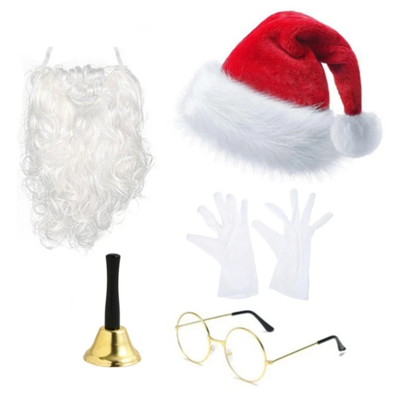 

Santa Dress Up Clothing Set Plush Christmas Hat & White Beard Glasses Bells Dropship