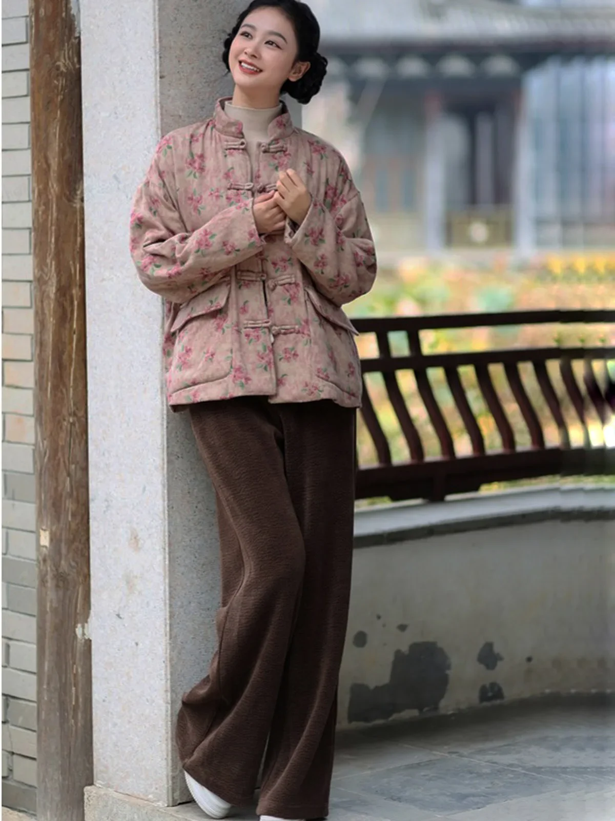 Jaqueta feminina forrada de lã flor casual retrô sapo botão estilo country chinês algodão linho casaco curto outwear com bolsos