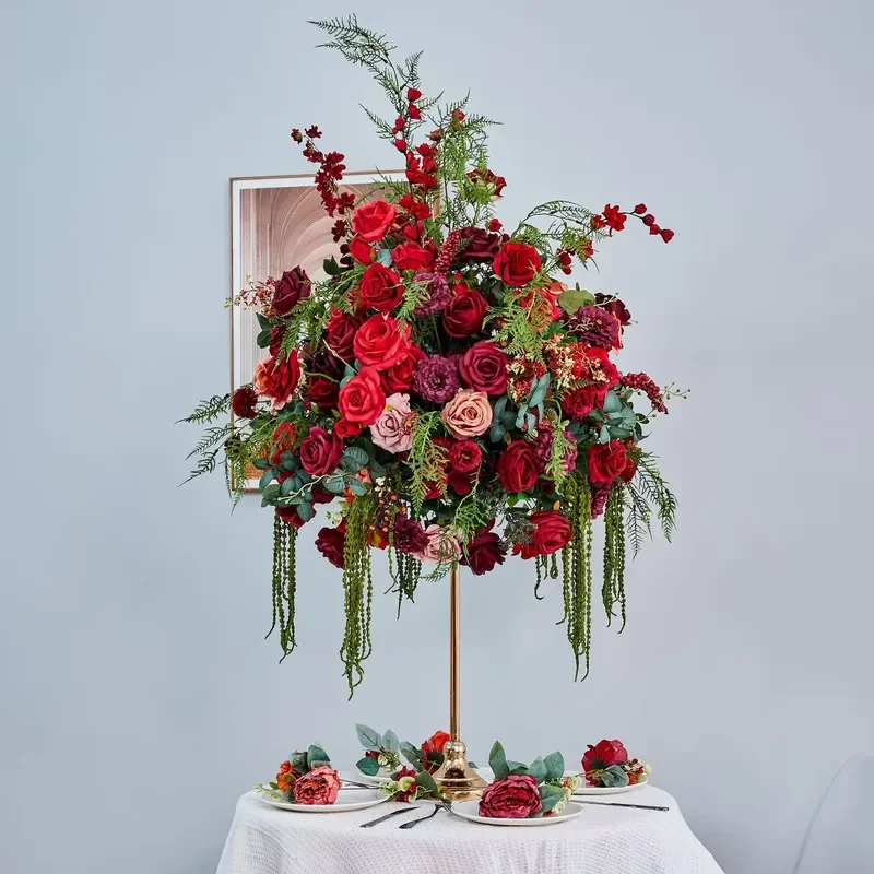 D-9 New Style Hanging Green Plants Backdrop Red Flowers Wedding Centerpiece Arch Flower Arrangement for Wedding Event