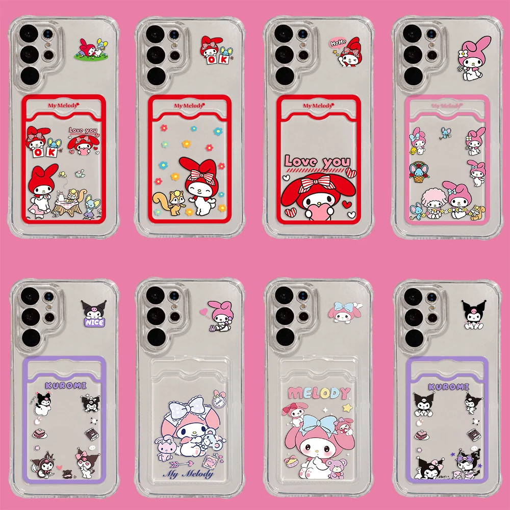 Coque de téléphone mignonne My Melody Kuromi Card Hold, coque transparente anti-chute pour Samsung S24, S23, S22, S21, S20, FE Plus Ultra, M33, M53, M54, 5G