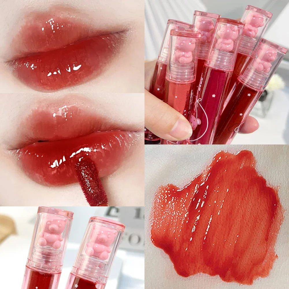 Cute Bear Mirror Water Lip Glaze Moisturizing Sexy Red Lip Tint Lipstick Lasting Non-stick Cup Lipgloss Lip Makeup Korean Makeup