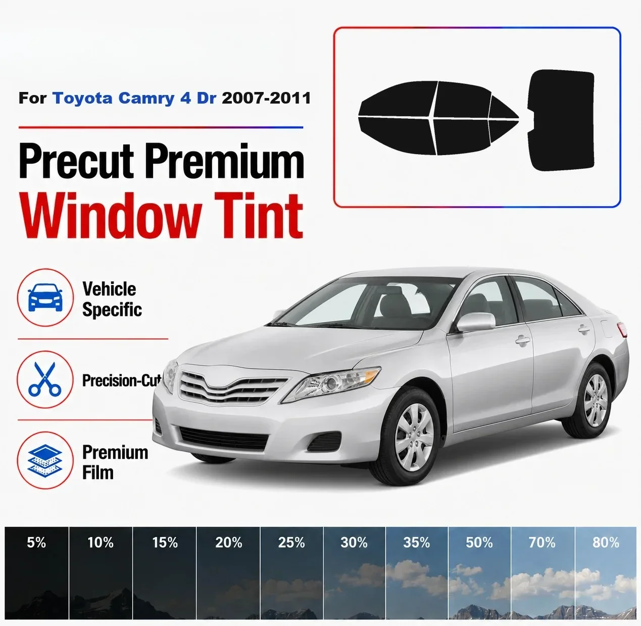 Premium Precut Nano Ceramic Window Tint Kit, Front & Rear Windows + Rear Windshield, For Toyota Camry 4 Door 2007-2011 Full Set