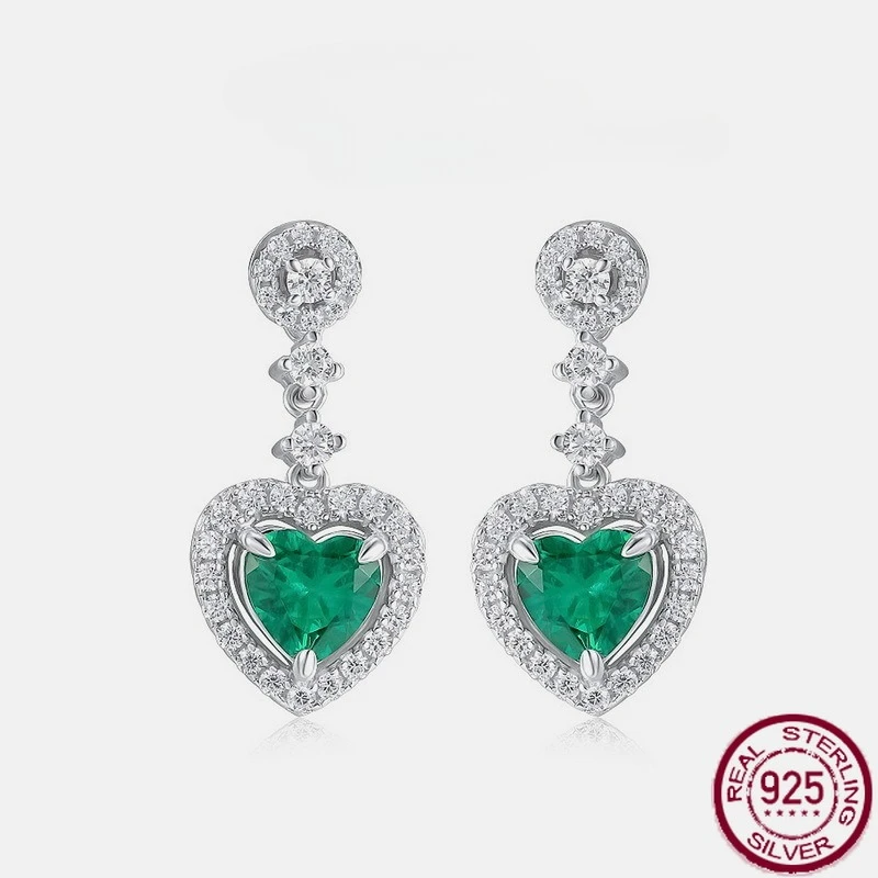 

New S925 pure silver heart cultivated emerald claws inlaid with retro colorful earrings, light luxury wedding jewelry