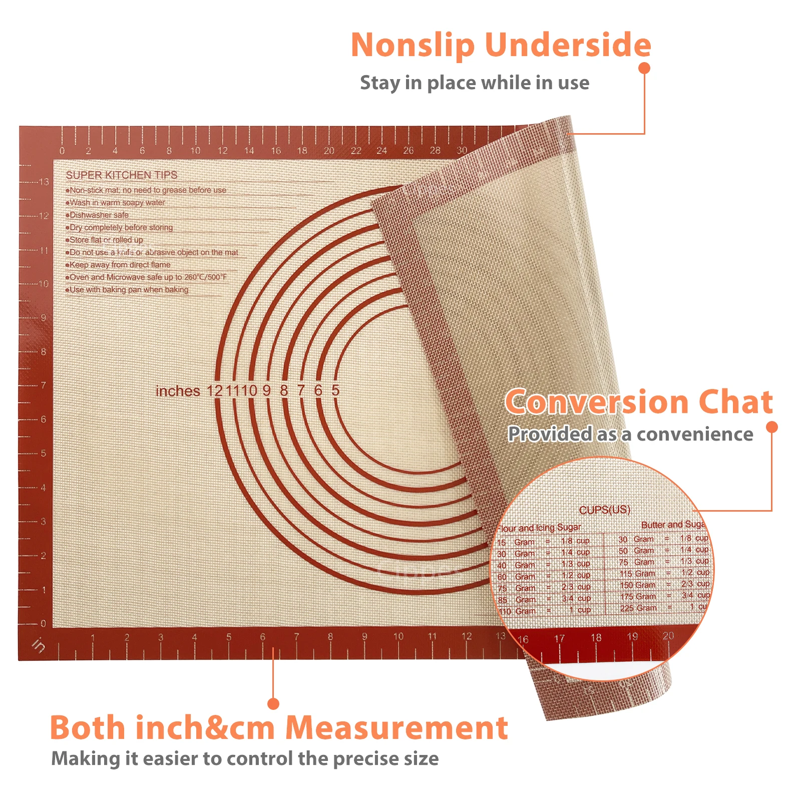 Silicone Baking Pastry Mat with Measurements, for Oven, Large & Extra Thick, Non-slip Non-stick Kneading Mats for Dough Rolling