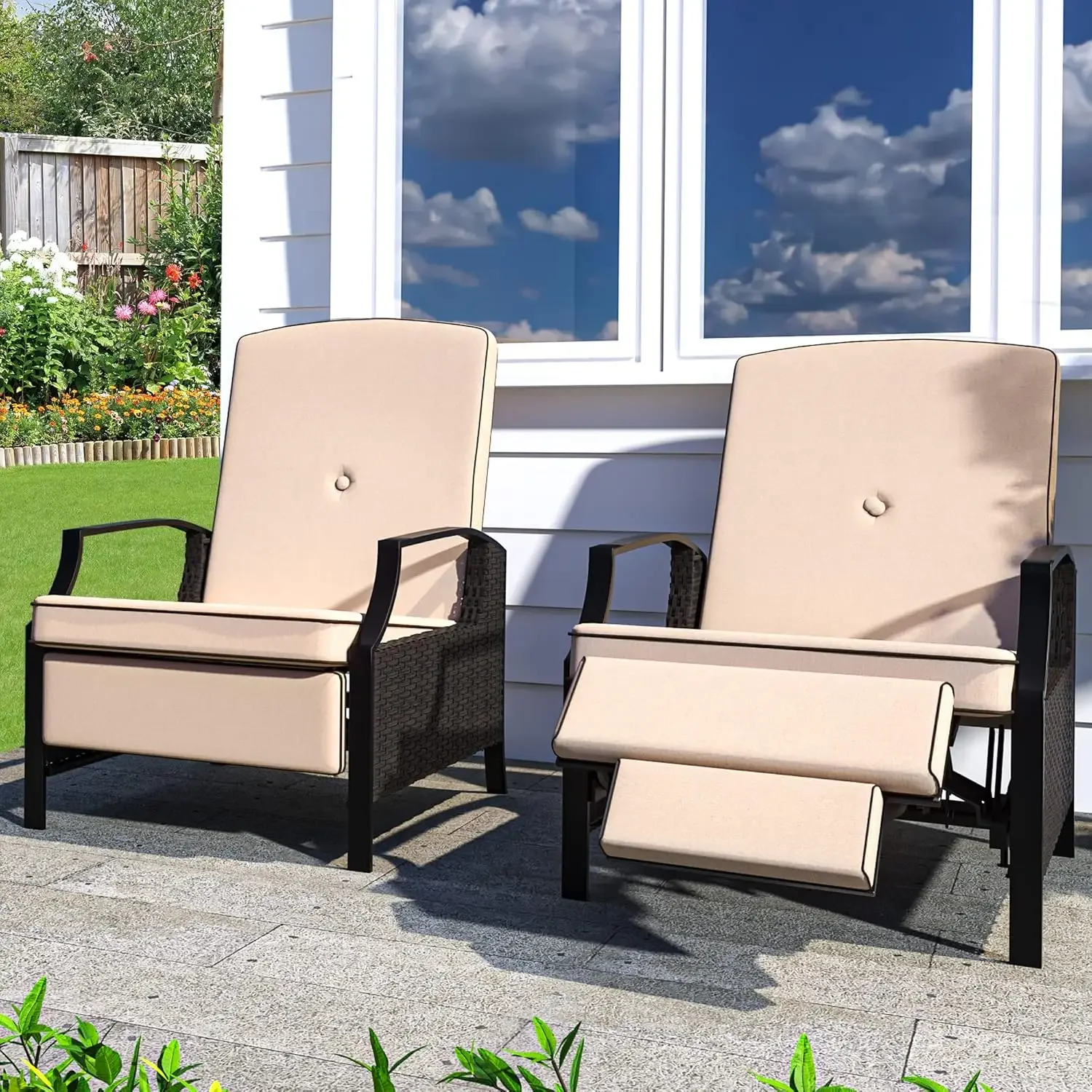 

Patio Outdoor Indoor Adjustable Function Wicker Recliner Chairs, Rattan Lounge Chairs with Soft Thick Cushions